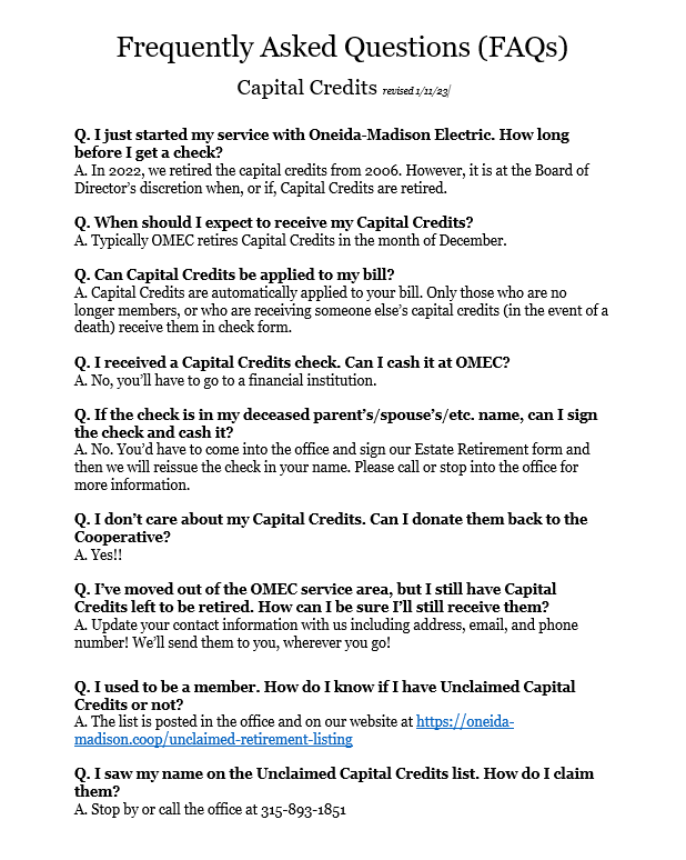 Capital Credit Frequently Asked Questions